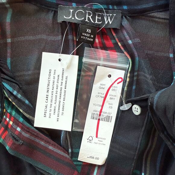 NWT J.Crew Tie-Neck Dress in Stewart Tartan Viscose Chiffon Black Red Green XS - Picture 8 of 15